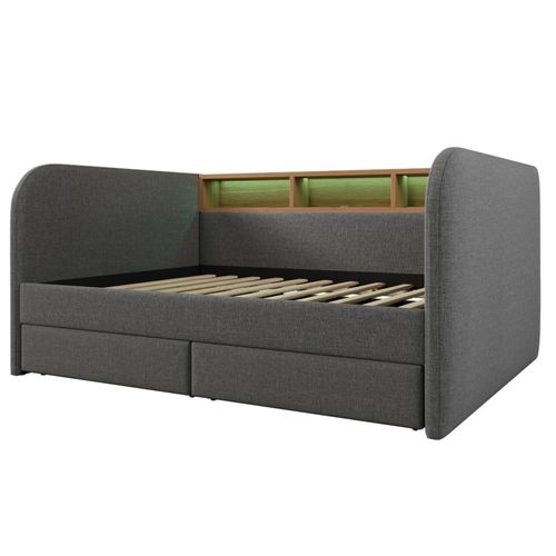 Lit Adulte 140x190 Cm Avec 2 Tiroirs - LED Et Port USB - Gris