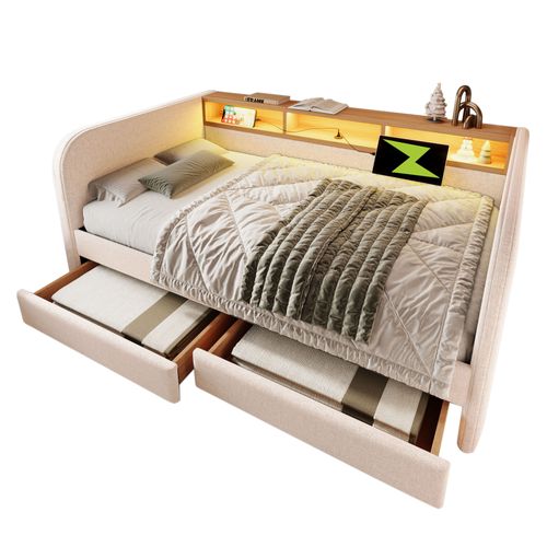 Lit Adulte 140x190 Cm Avec USB, Type-c, LED Et 2 Tiroirs De Rangement, Lin, Beige Clair