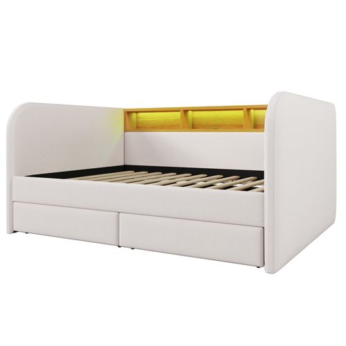 Lit Adulte 140x190 Cm Avec USB, Type-c, LED Et 2 Tiroirs De Rangement, Lin, Beige Clair