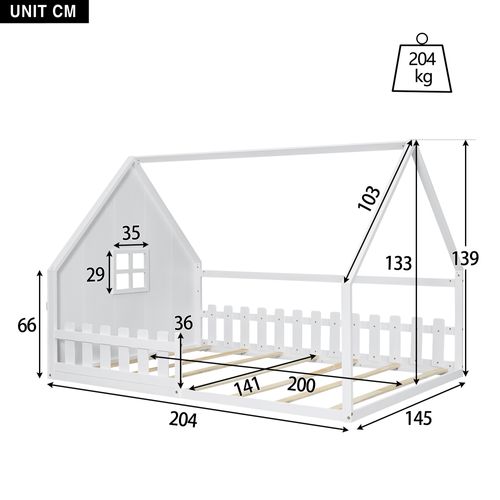 Lit Cabane 140x200cm, Lit Double, Lit Enfant Avec Fenêtre, Barrière Et Sommier, Pin+mdf, Blanc