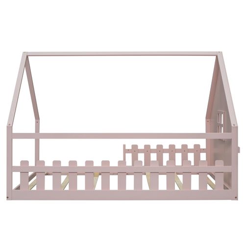 Lit Cabane 140x200cm, Lit Double, Lit Enfant Avec Fenêtre, Barrière Et Sommier, Pin+mdf, Rose