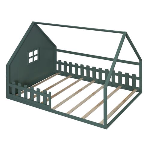Lit Cabane 140x200cm, Lit Double, Lit Enfant Avec Fenêtre, Barrière Et Sommier, Pin+mdf, Vert