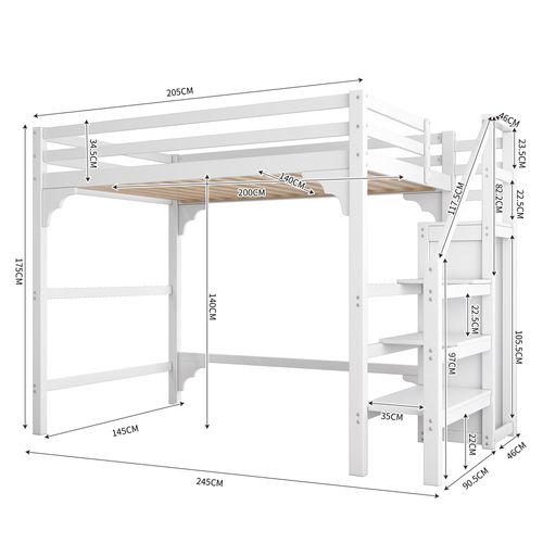 Lit Mezzanine Lit Ados 140 X 200 Cm Avec Marches, Armoire Ouverte, Blanc