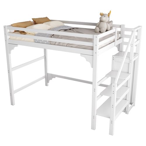 Lit Mezzanine Lit Ados 140 X 200 Cm Avec Marches, Armoire Ouverte, Blanc