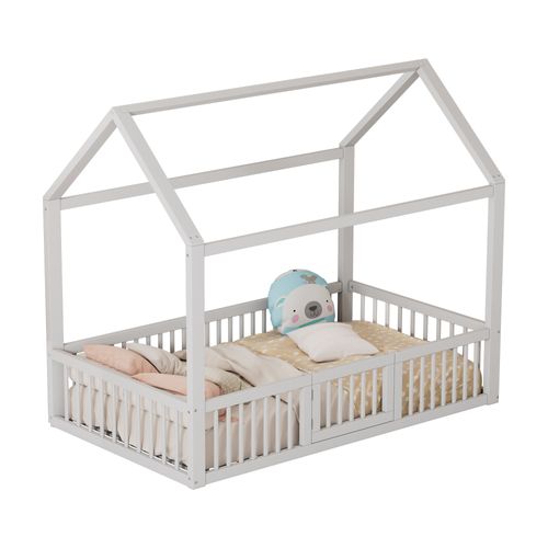 Lit Cabane Lit Simple Lit Enfant 90 X 200 Cm En Bois Avec Sommier à Lattes Et Porte, Blanc