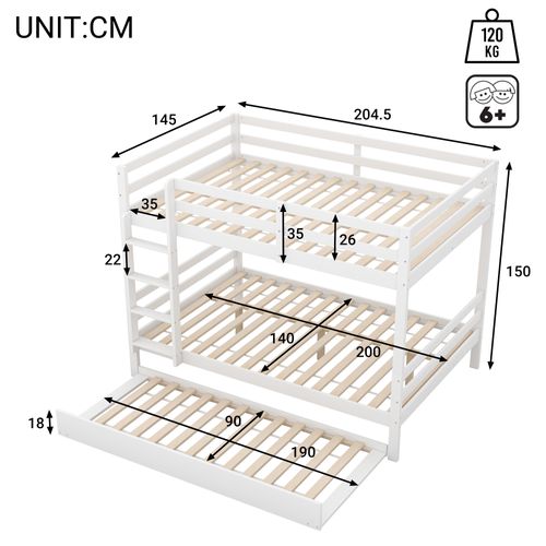 Lits Superposés 140x200 Cm, Lits Enfants Superposés Avec Lit Gigogne Etescalier Stable, Blanc