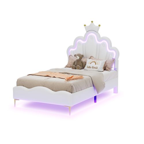 Lit Enfant LED Lit Jeune 90x200 Cm, Forme Couronne, Revêtement En Cuir Pu, Blanc