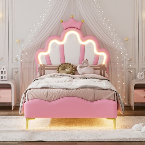 Lit Enfant LED Lit Jeune 90x200 Cm, Forme Couronne, Revêtement En Cuir Pu, Rose