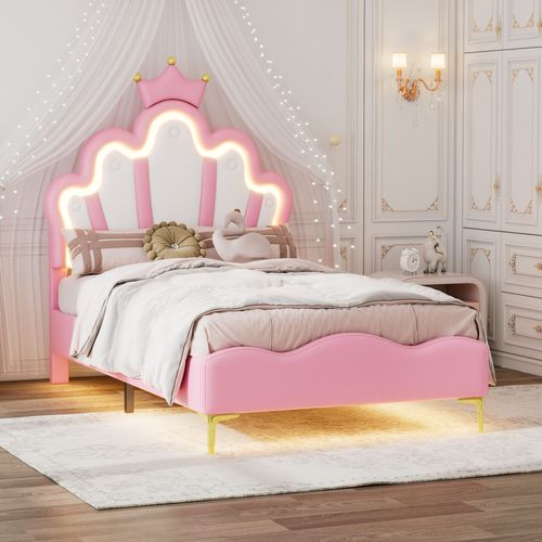 Lit Enfant LED Lit Jeune 90x200 Cm, Forme Couronne, Revêtement En Cuir Pu, Rose