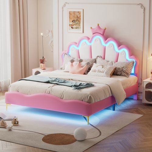 Lit Adulte LED Lit 2 Place 140x200 Cm, Forme Couronne, Revêtement Cuir Pu, Rose
