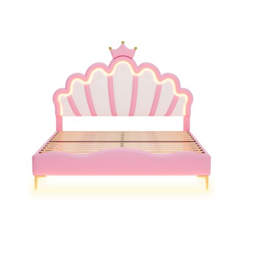 Lit Adulte LED Lit 2 Place 140x200 Cm, Forme Couronne, Revêtement Cuir Pu, Rose