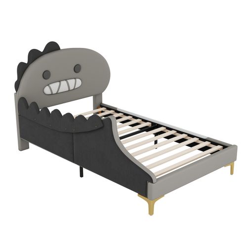 Lit Enfant Lit 1 Place 90x200cm, Forme Dinosaure Dessin Animé, Matériau Pu, Gris