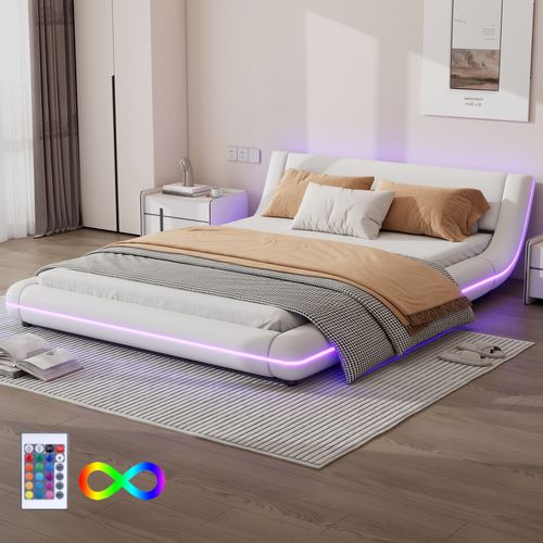 Lit Adulte Lit Jeune 140x200 Cm, Avec Lumière D'ambiance LED, Matériau Pu, Blanc