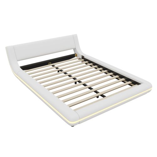 Lit Adulte Lit Jeune 140x200 Cm, Avec Lumière D'ambiance LED, Matériau Pu, Blanc