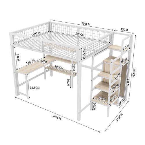 Lit Mezzanine 140x200 Cm, Lit En Fer Avec Bureau Et Armoire Intégrée, Mdf, Blanc