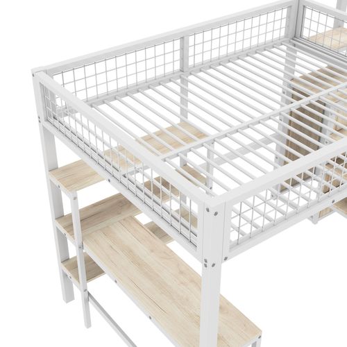 Lit Mezzanine 140x200 Cm, Lit En Fer Avec Bureau Et Armoire Intégrée, Mdf, Blanc