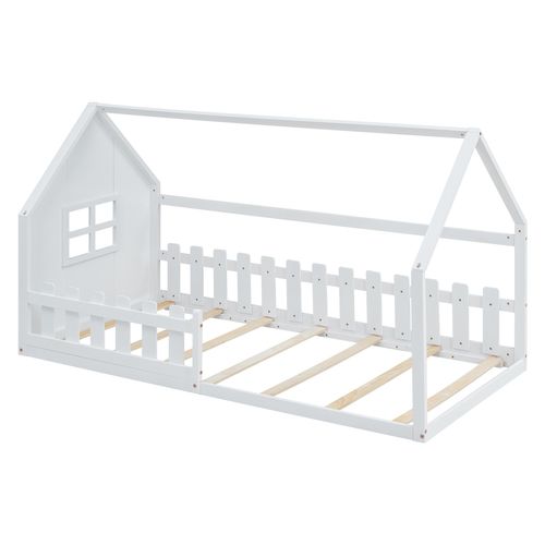 Lit Cabane 90x200 Cm, Lit Enfant Avec Barrières De Sécurité, En Bois, Coloris Blanc