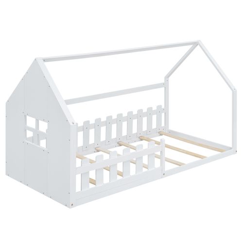 Lit Cabane 90x200 Cm, Lit Enfant Avec Barrières De Sécurité, En Bois, Coloris Blanc