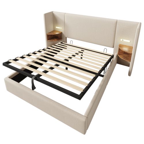 Lit Coffre Adulte 160×200cm Avec Table De Chevet, Liseuse Et USB Type-c, Lin, Beige