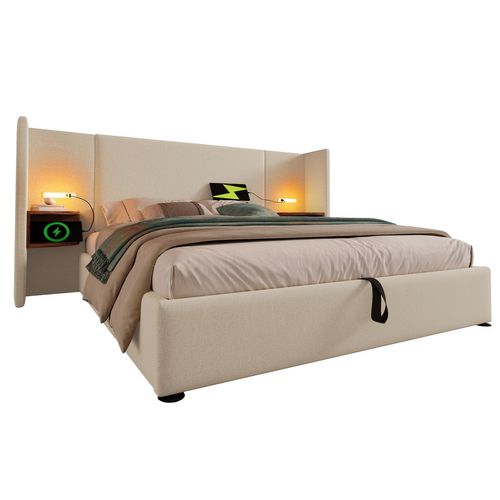 Lit Coffre Adulte 160×200cm Avec Table De Chevet, Liseuse Et USB Type-c, Lin, Beige