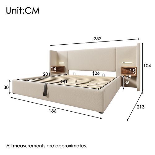 Lit Coffre Adulte 180×200cm Avec Table De Chevet, Liseuse Et USB Type-c, Lin, Beige