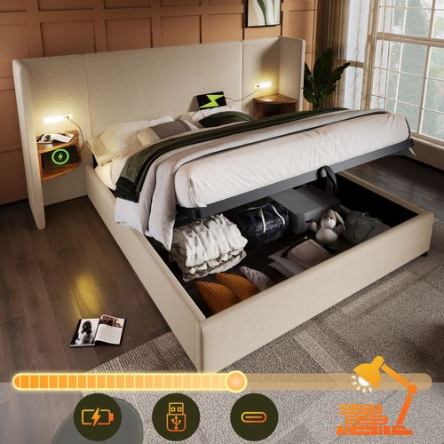 Lit Coffre Adulte 180×200cm Avec Table De Chevet, Liseuse Et USB Type-c, Lin, Beige