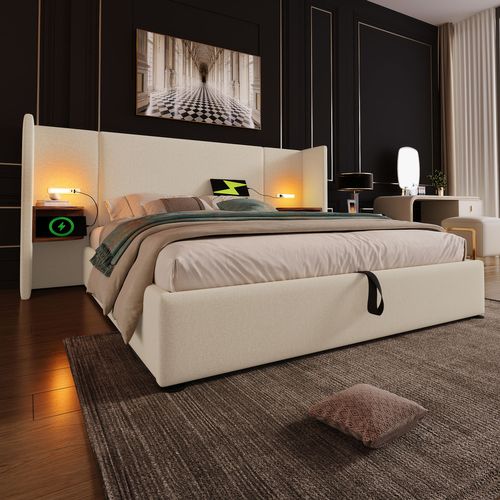 Lit Coffre Adulte 180×200cm Avec Table De Chevet, Liseuse Et USB Type-c, Lin, Beige