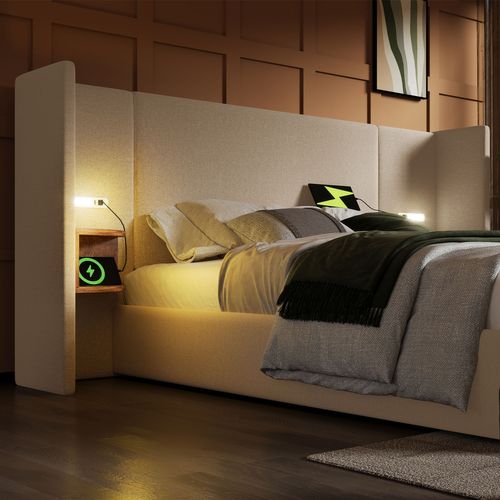 Lit Coffre Adulte 180×200cm Avec Table De Chevet, Liseuse Et USB Type-c, Lin, Beige