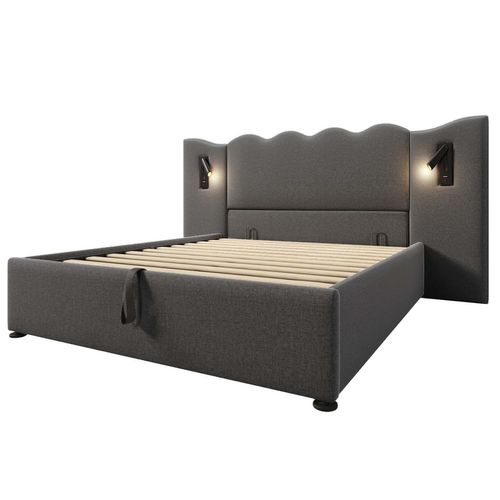 Lit Coffre 160×200 Cm Avec Lampe De Lecture Et Chargement USB Type-c, Tissu Lin, Gris