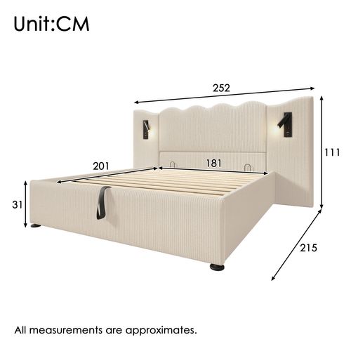 Lit Coffre 180×200 Cm Avec Lampe De Lecture Et Chargement USB Type-c, Tissu Velours Côtelé, Beige