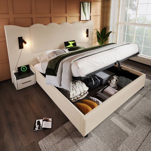Lit Coffre 180×200 Cm Avec Lampe De Lecture Et Chargement USB Type-c, Tissu Velours Côtelé, Beige