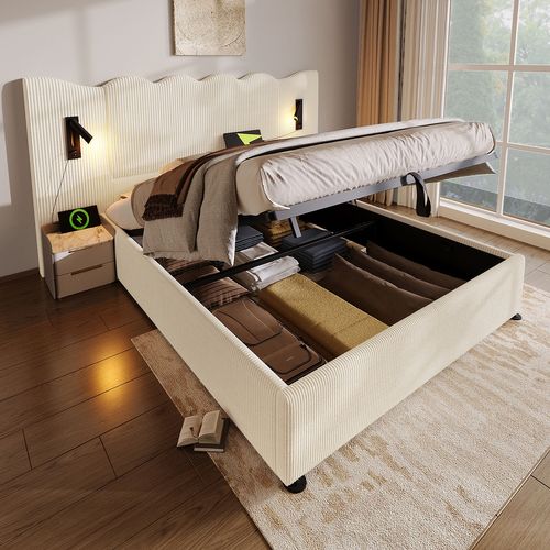Lit Coffre 180×200 Cm Avec Lampe De Lecture Et Chargement USB Type-c, Tissu Velours Côtelé, Beige