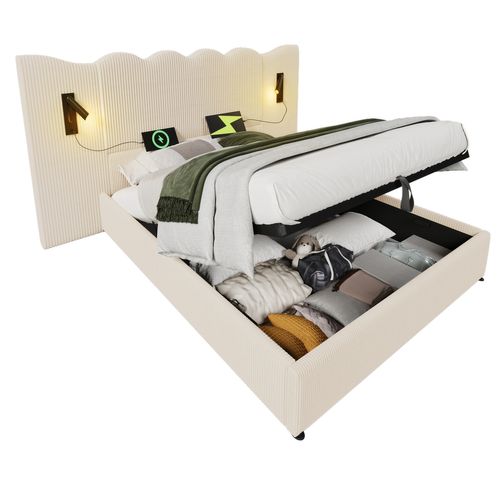Lit Coffre 180×200 Cm Avec Lampe De Lecture Et Chargement USB Type-c, Tissu Velours Côtelé, Beige