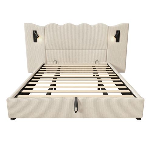 Lit Coffre 180×200 Cm Avec Lampe De Lecture Et Chargement USB Type-c, Tissu Velours Côtelé, Beige