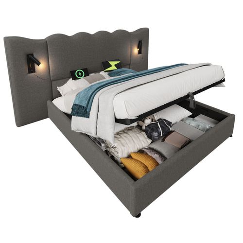 Lit Coffre 180×200 Cm Avec Lampe De Lecture Et Chargement USB Type-c, Tissu Lin, Gris