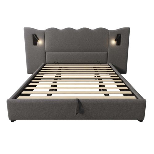 Lit Coffre 180×200 Cm Avec Lampe De Lecture Et Chargement USB Type-c, Tissu Lin, Gris