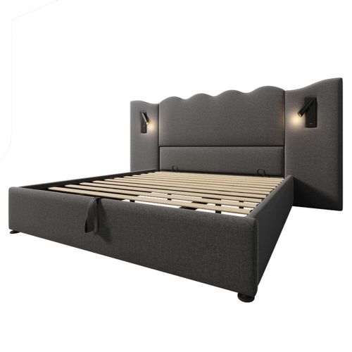 Lit Coffre 180×200 Cm Avec Lampe De Lecture Et Chargement USB Type-c, Tissu Lin, Gris