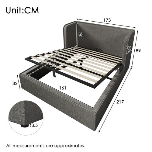 Lit Coffre 160x200 Cm Avec Tête De Lit Large, Couvre Lit Déhoussable Et Rangements, Lin, Gris