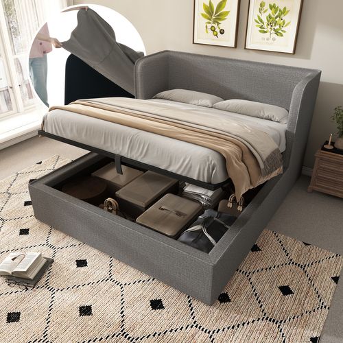 Lit Coffre 160x200 Cm Avec Tête De Lit Large, Couvre Lit Déhoussable Et Rangements, Lin, Gris