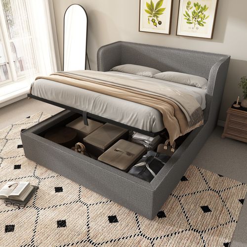 Lit Coffre 160x200 Cm Avec Tête De Lit Large, Couvre Lit Déhoussable Et Rangements, Lin, Gris
