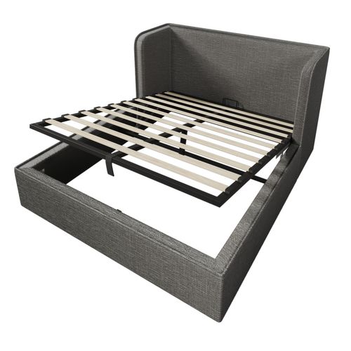 Lit Coffre 160x200 Cm Avec Tête De Lit Large, Couvre Lit Déhoussable Et Rangements, Lin, Gris