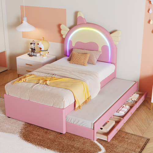 Lit Gigogne Lit Enfant 90x200 Cm, Forme Licorne, Éclairage D'ambiance LED Télécommandé, Pu, Rose