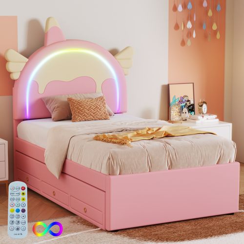 Lit Gigogne Lit Enfant 90x200 Cm, Forme Licorne, Éclairage D'ambiance LED Télécommandé, Pu, Rose