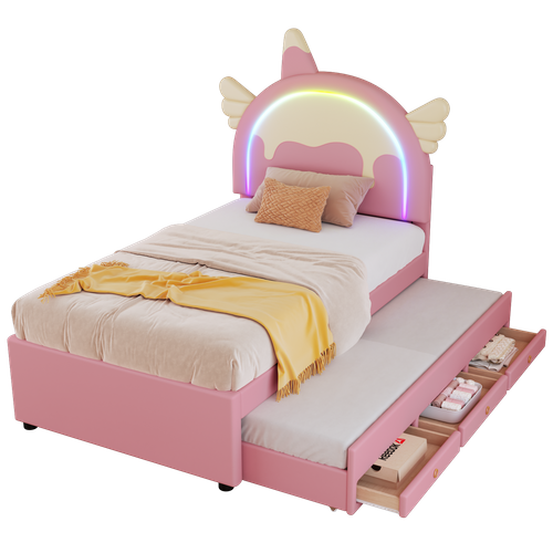 Lit Gigogne Lit Enfant 90x200 Cm, Forme Licorne, Éclairage D'ambiance LED Télécommandé, Pu, Rose