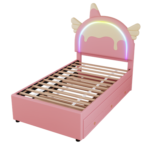 Lit Gigogne Lit Enfant 90x200 Cm, Forme Licorne, Éclairage D'ambiance LED Télécommandé, Pu, Rose