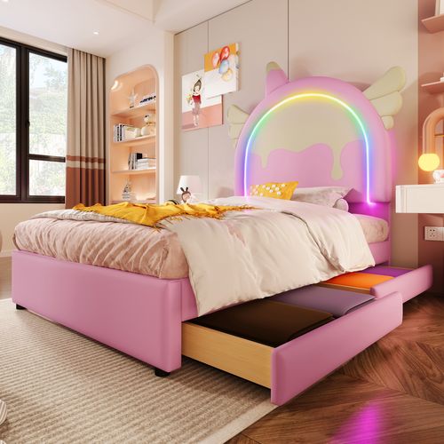 Lit Enfant 90x200 Cm, Forme Licorne, Bande Lumineuse LED Et 2 Tiroirs De Rangement, Pu, ​​rose