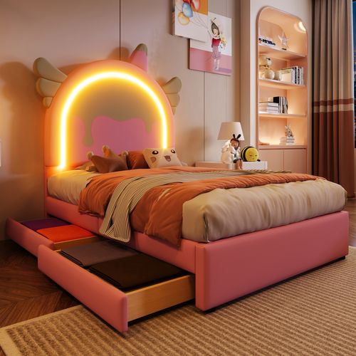Lit Enfant 90x200 Cm, Forme Licorne, Bande Lumineuse LED Et 2 Tiroirs De Rangement, Pu, ​​rose