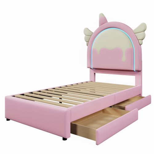 Lit Enfant 90x200 Cm, Forme Licorne, Bande Lumineuse LED Et 2 Tiroirs De Rangement, Pu, ​​rose