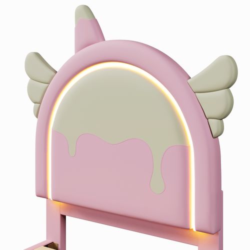 Lit Enfant 90x200 Cm, Forme Licorne, Bande Lumineuse LED Et 2 Tiroirs De Rangement, Pu, ​​rose