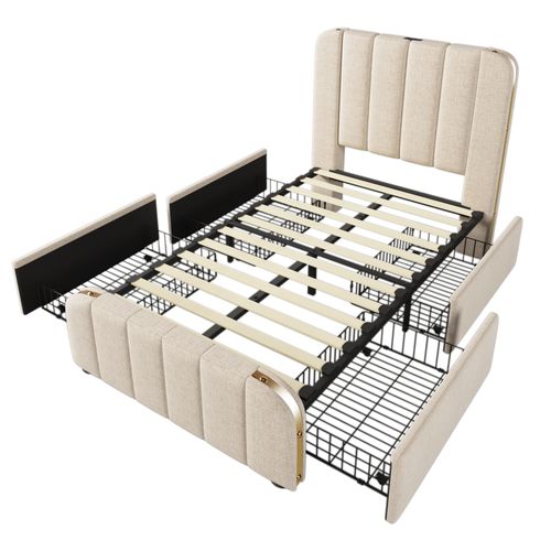 Lit Enfant 90x200cm, Lit 1 Place Avec 4 Tiroirs De Rangement, Port USB Et Type-c, Lin, Beige